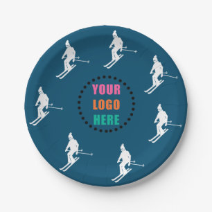 Customizable Logo Skiers Skiing Ski Blue White Paper Plate