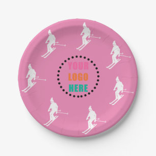Customizable Logo Skiers Skiing Ski Pink White Paper Plate