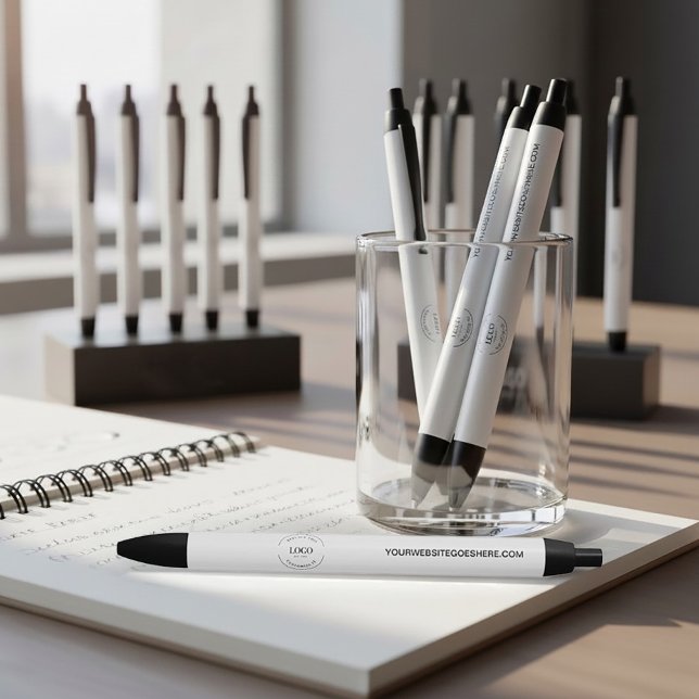 Customizable logo website simple business black ink pen (Customizable business logo and website on white pens.)