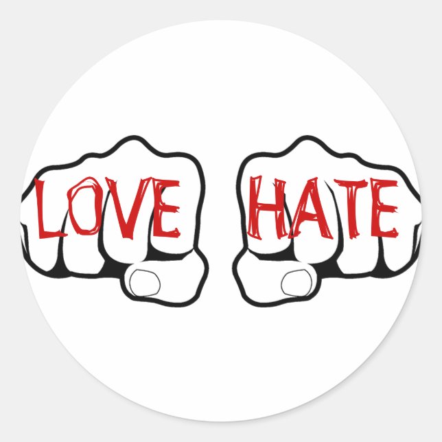 Customizable LOVE HATE Fists Classic Round Sticker (Front)