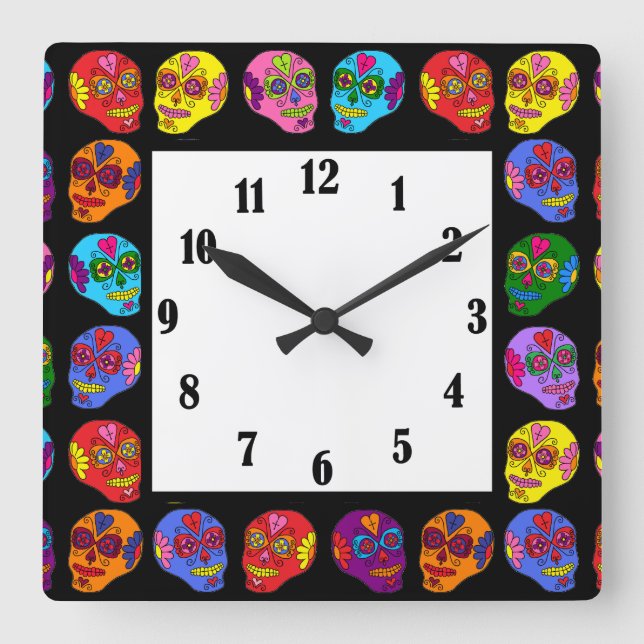Customizable Lucha Libre Sugar Skulls Square Wall Clock (Front)