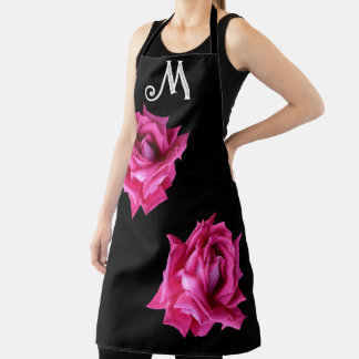 Customizable M monogram hot pink rose floral Apron