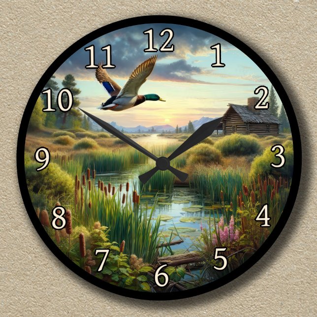 Customizable Mallard Flying Over a Tranquil Lake Round Clock (Creator Uploaded)