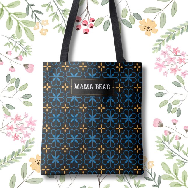 Customizable Mama Bear Elegant Pattern Tote Bag (Custom your name or text on the elegant Mediterranean pattern tote bag.)