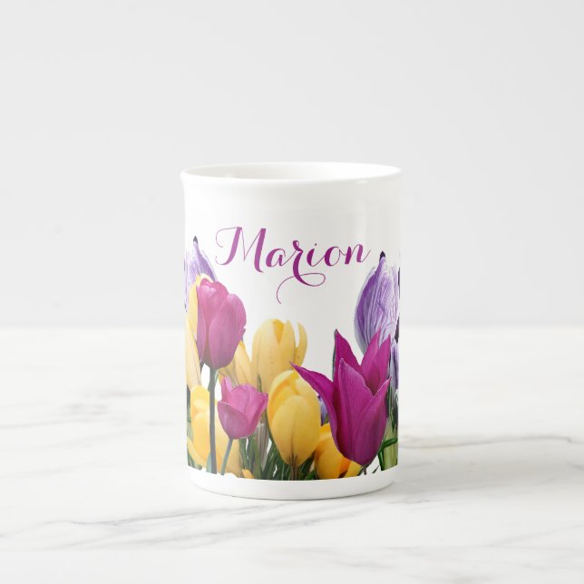 Customizable Marion name colorful spring flowers Bone China Mug (Front)