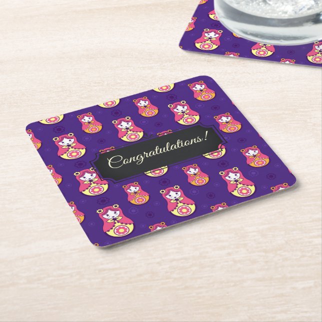 Customizable Matreshka Square Paper Coaster (Angled)
