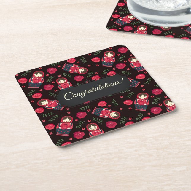 Customizable Matreshka Square Paper Coaster (Angled)