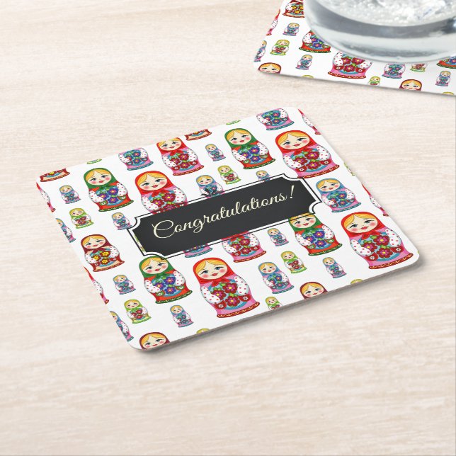 Customizable Matreshka Square Paper Coaster (Angled)