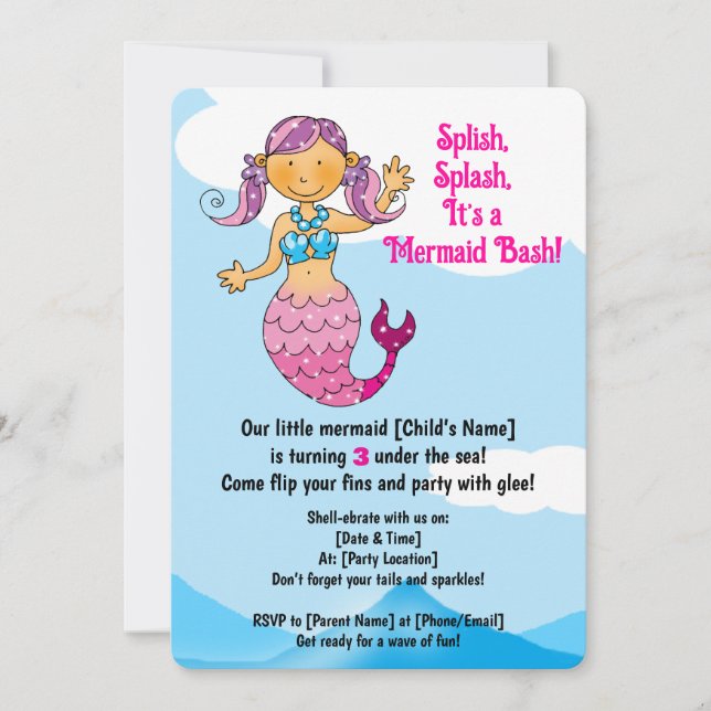 Customizable Mermaid Birthday Design Pink Hair   Invitation (Front)