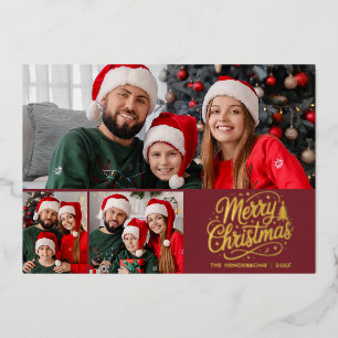 Customizable Merry Christmas Script 3 Family Photo Foil Holiday Card