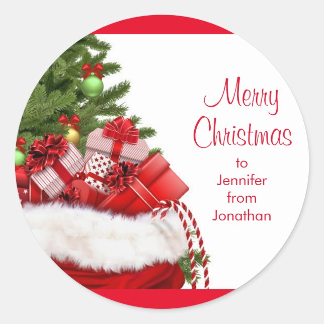 Customizable Merry Christmas Tetxt Tree And Gifts Classic Round Sticker (Front)