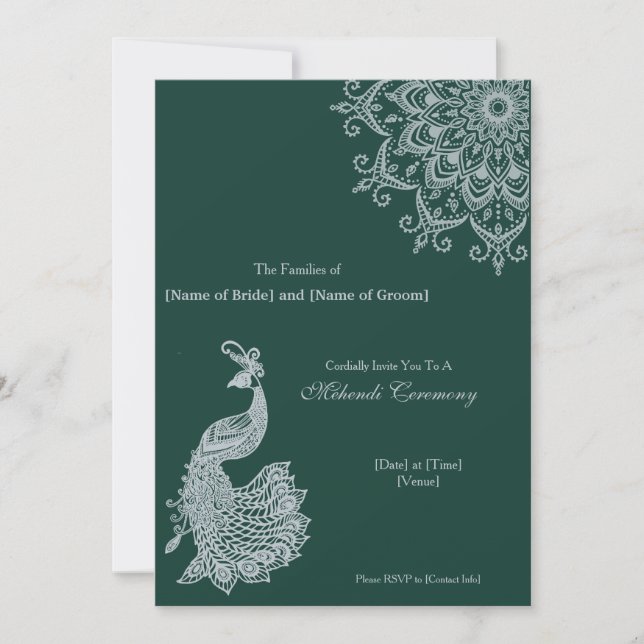 Customizable Metallic Silver Emerald Mehndi Indian Invitation (Front)