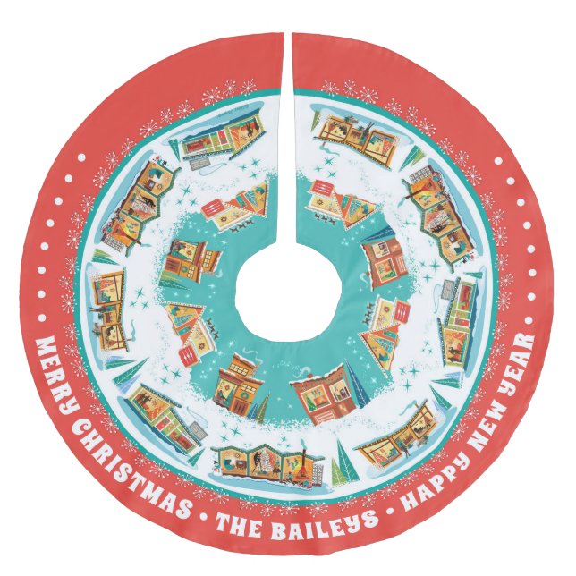 Customizable Mid-Century Modern Houses Brushed Polyester Tree Skirt (Front)