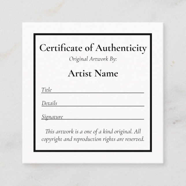 Customizable Mini Certificate of Authenticity Art (Front)