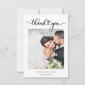 Customizable Minimalist Script Heart Wedding Photo Thank You Card