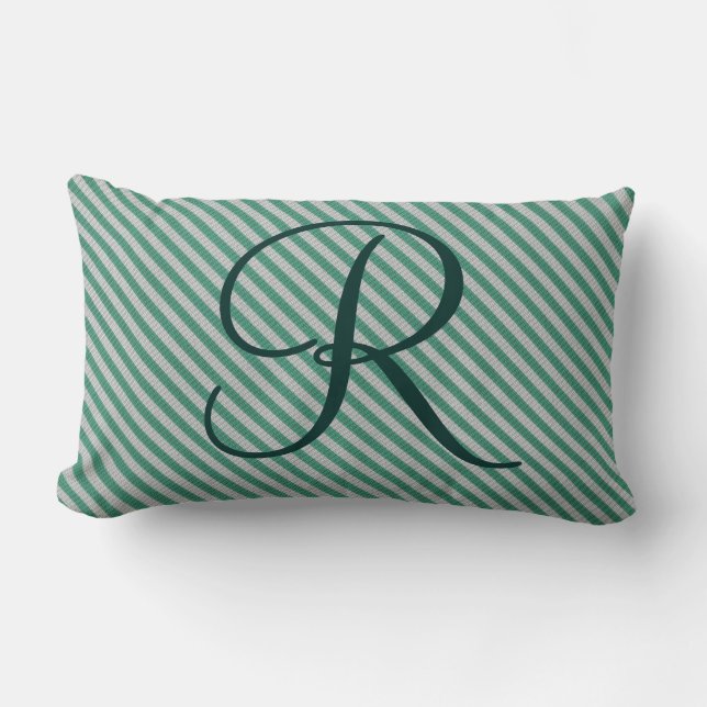 Customizable Mint Green Striped Initial Monogram Lumbar Pillow (Front)