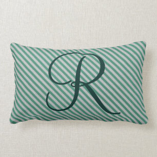 Customizable Mint Green Striped Initial Monogram Lumbar Pillow