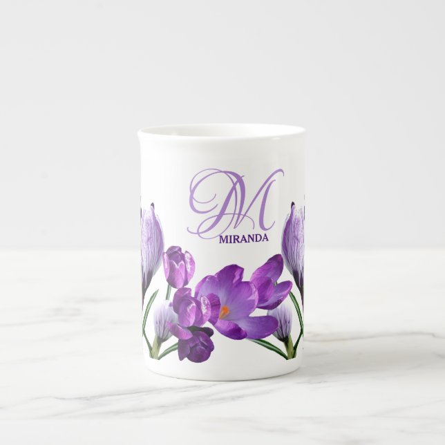 Customizable Miranda name pretty purple floral Bone China Mug (Front)