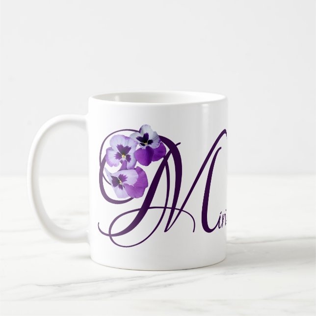 Customizable Miriam name purple pansy floral boho Coffee Mug (Left)
