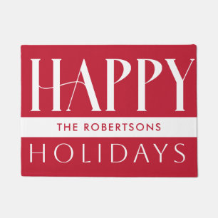 Customizable Modern Happy Holidays Red  Doormat