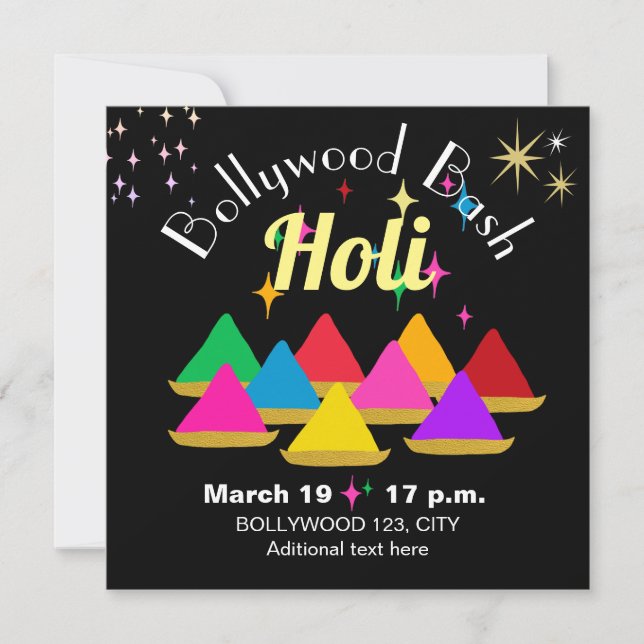 Customizable Modern Holi Festival Colours Black Invitation (Front)
