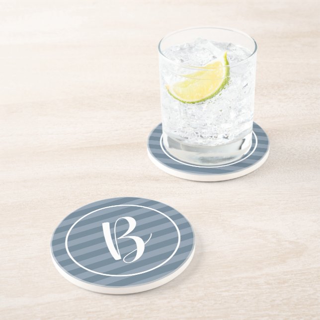 Customizable Monogram Blue Stripes Coaster (Side)