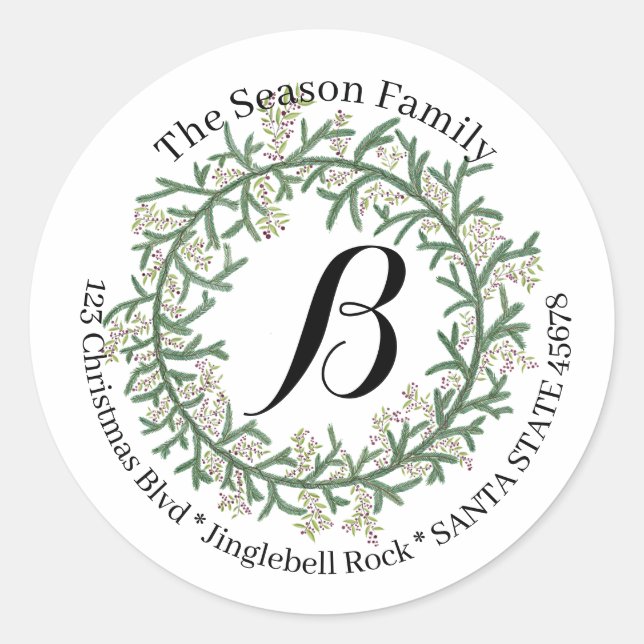 Customizable Monogram Christmas Classic Round Sticker (Front)