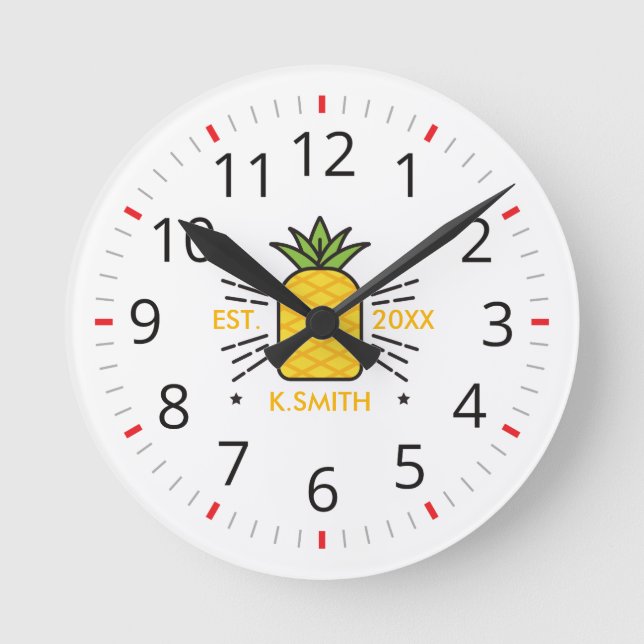 Customizable. Monogram. Cute Fruit. Pineapple. Round Clock (Front)