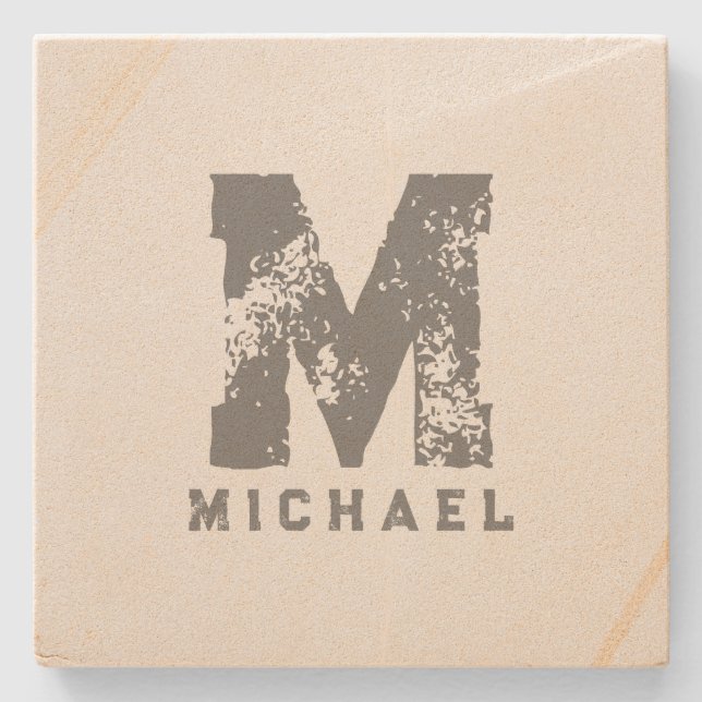 Customizable Monogram Initial Name Sandstone Stone Coaster (Front)