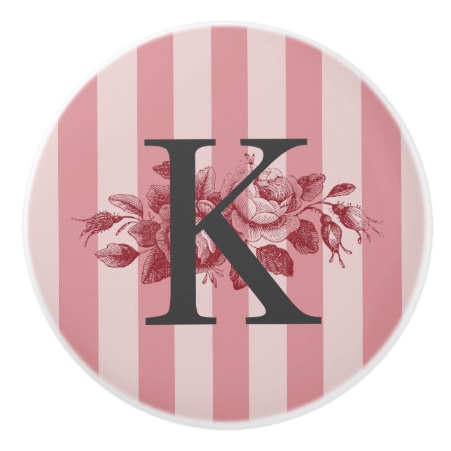 Customizable Monogram Pink Stripes Cabbage Roses Ceramic Knob (Front)