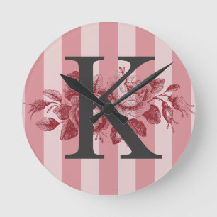 Customizable Monogram Pink Stripes Cabbage Roses Round Clock