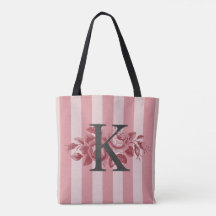 Customizable Monogram Pink Stripes Cabbage Roses