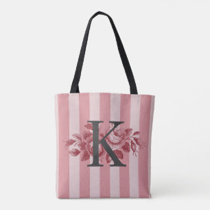 Customizable Monogram Pink Stripes Cabbage Roses Tote Bag