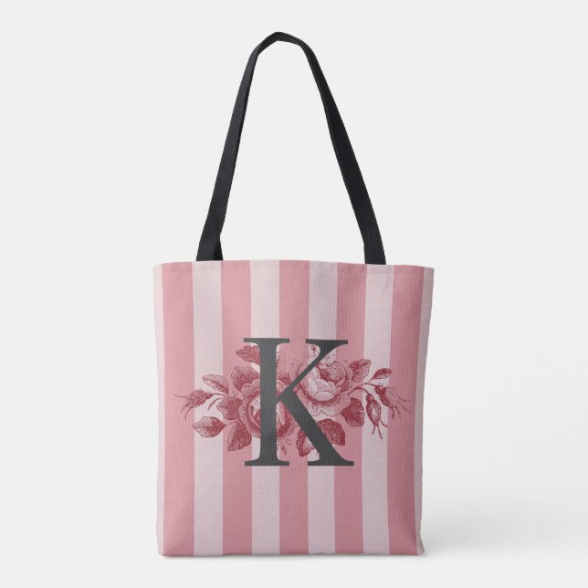 Customizable Monogram Pink Stripes Cabbage Roses Tote Bag (Back)
