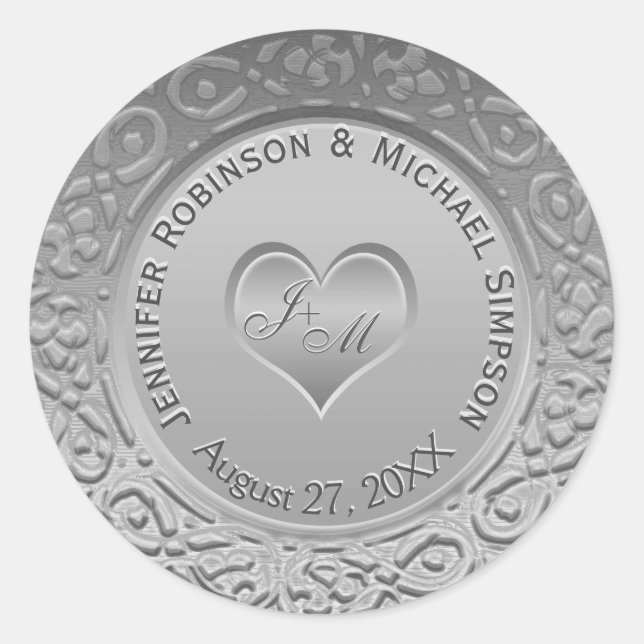 Customizable Monogram Silver Foil Look Wedding Classic Round Sticker (Front)