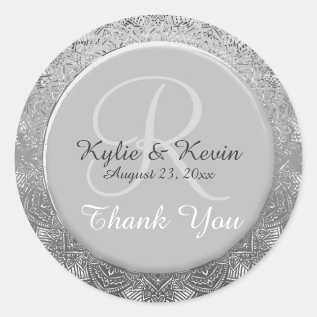 Customizable Monogram Silver Wedding Thank You Classic Round Sticker (Front)