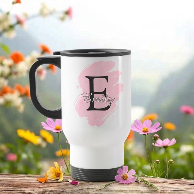 Customizable Monogram Travel Mug with Colour Accen (Fully customizable paint stroke monogram travel mug)