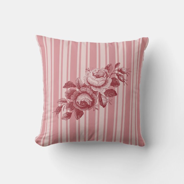 Customizable Monogram w/Pink Stripes Cabbage Roses Throw Pillow (Front)