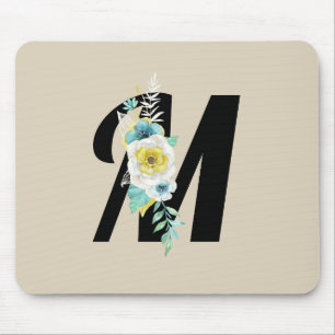 Customizable Monogram w/White & Aqua Floral on Tan Mouse Pad