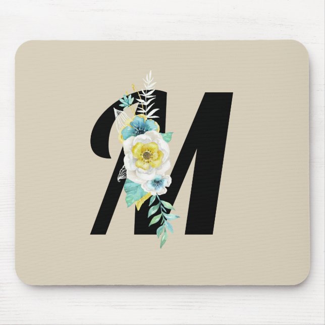 Customizable Monogram w/White & Aqua Floral on Tan Mouse Pad (Front)