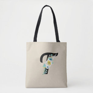 Customizable Monogram w/White & Aqua Floral on Tan Tote Bag