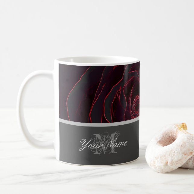 Customizable Monogram with black neon-rose! Coffee Mug (With Donut)