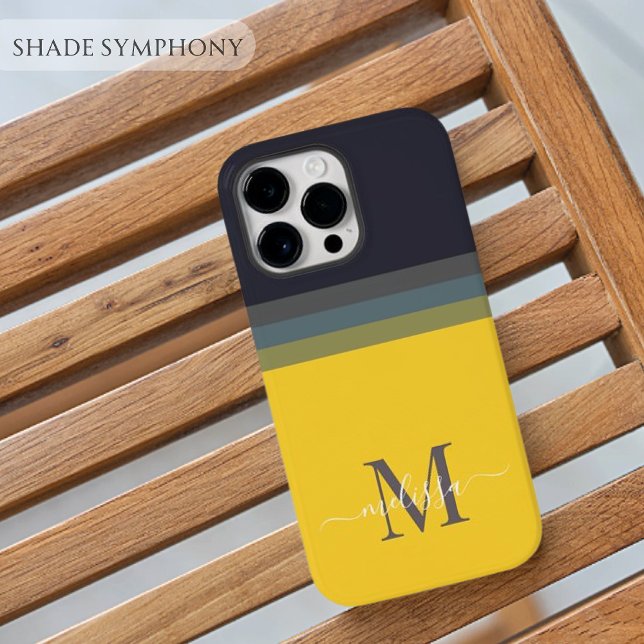 Customizable Monogram with Cute Stripe Colour Bloc Case-Mate iPhone Case (Customizable Monogram yellow dark deep gray Cute Stripe Color Block iPhone Case
)