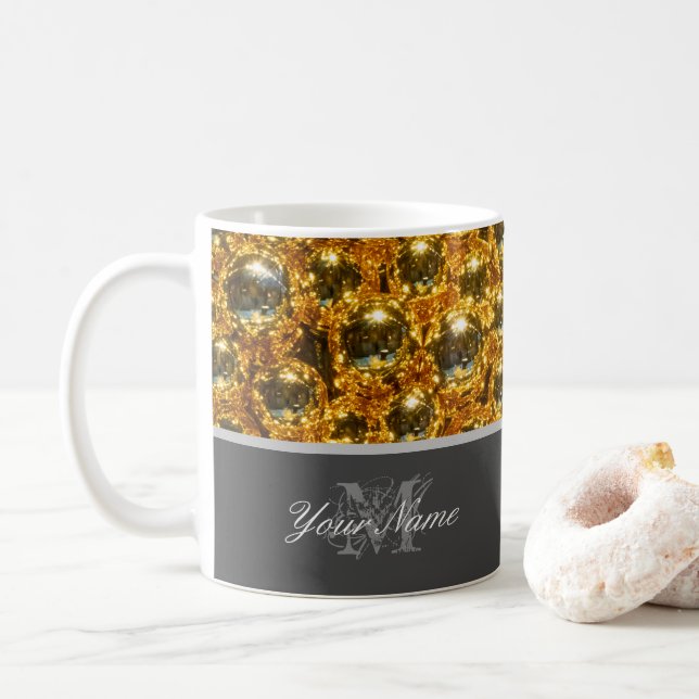 Customizable Monogram with golden christmas balls! Coffee Mug (With Donut)