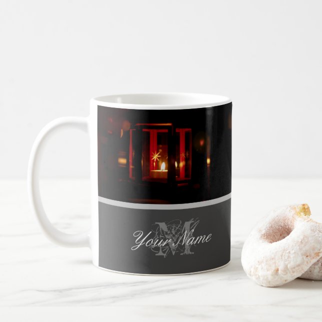 Customizable Monogram with golden christmas lights Coffee Mug (With Donut)