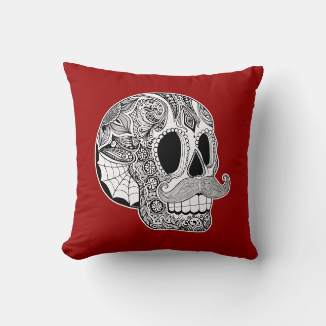 Customizable Moustache Sugar Skull Throw Pillow (Front)