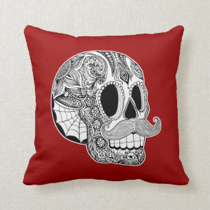 Customizable Moustache Sugar Skull Throw Pillow