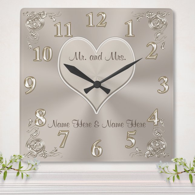 Customizable Mr. and Mrs. Gifts Champagne Clock (Personalized Bridal shower gifts. Heart gift, Taupe Wall Clock. Personalized wall clock wedding gift)