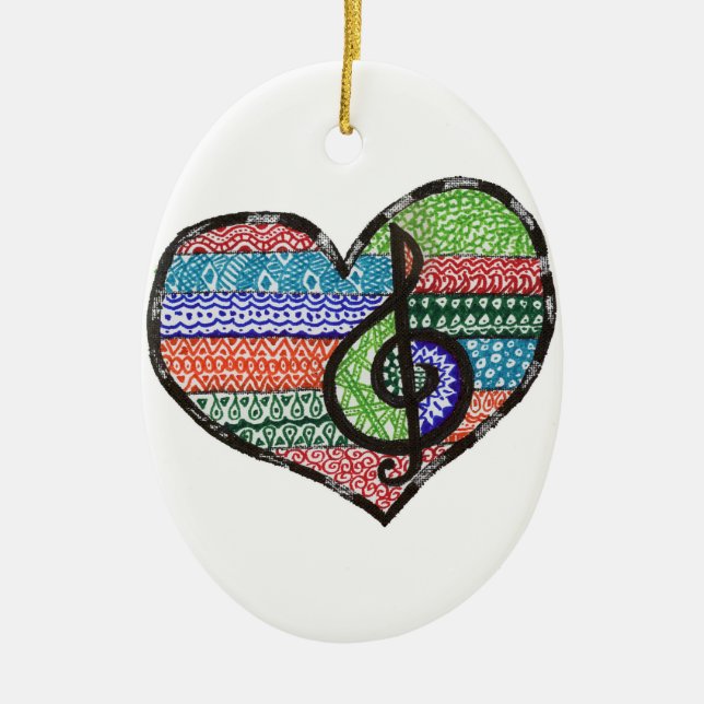 Customizable Music Heart Treble Clef Doodle Ceramic Ornament (Front)