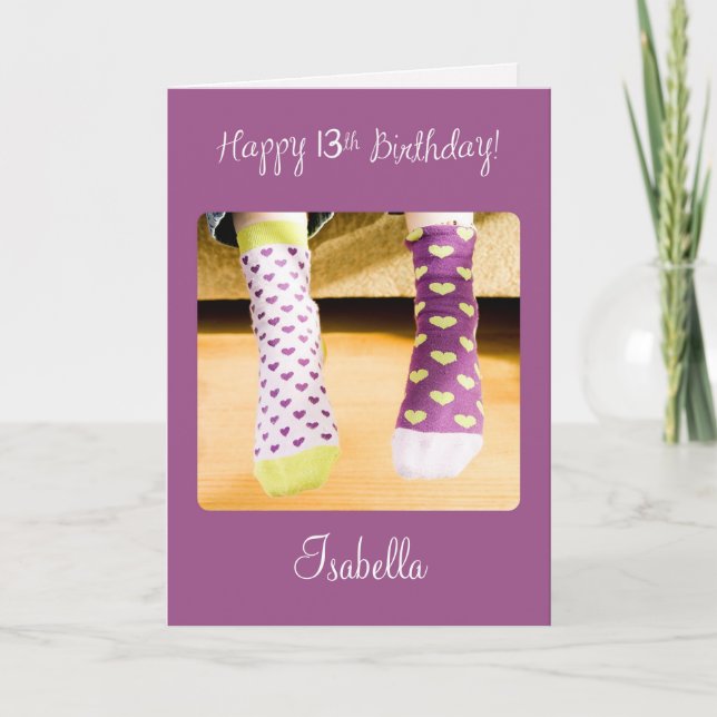 Customizable Name 13th Birthday Crazy Socks Card (Front)